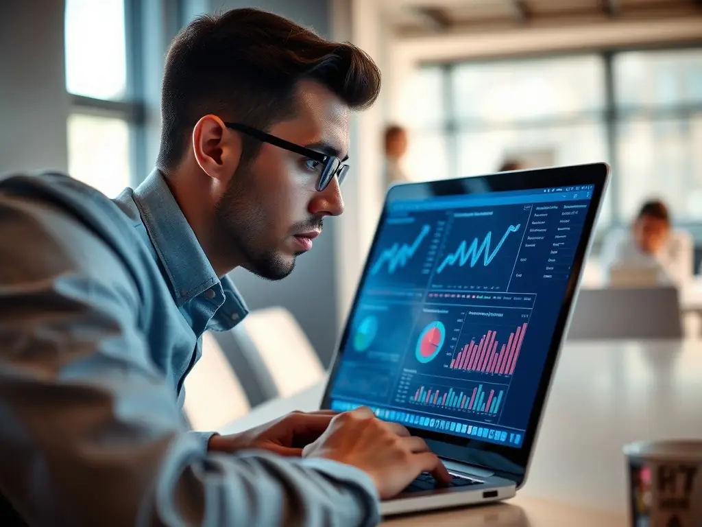 An image of a content writer working on a laptop with SEO analytics on screen, illustrating content creation and optimization.